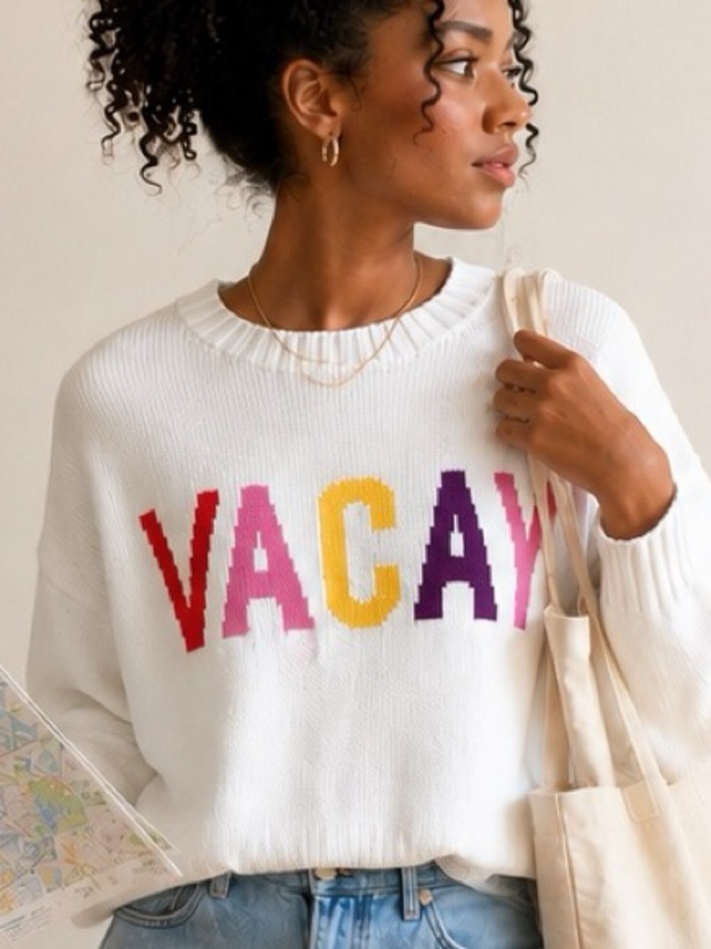 Vacay Cropped Coastal Preppy Varsity Sweater by Show Me Your Mumu, Size Medium